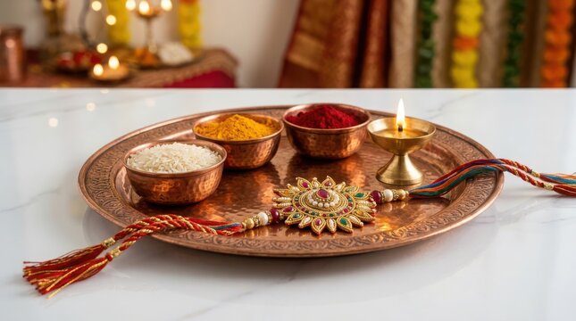 Decorative copper thali with rice turmeric kumkum holy lamp and rakhi for Indian festival celebration.