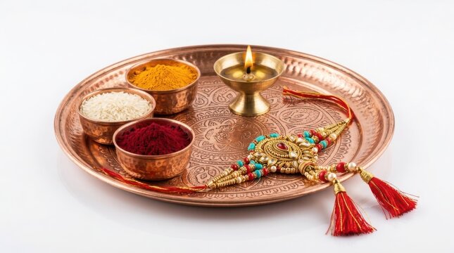 Copper puja plate featuring rice vermilion powder and lit oil lamp with colorful rakhi bracelet for traditional ceremony.