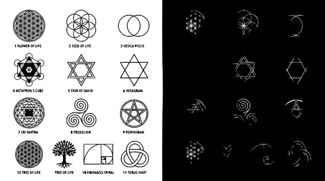 Sacred geometry symbols grid with intricate mandala patterns featuring circles, triangles, and hexagons with floral motifs and cosmic designs