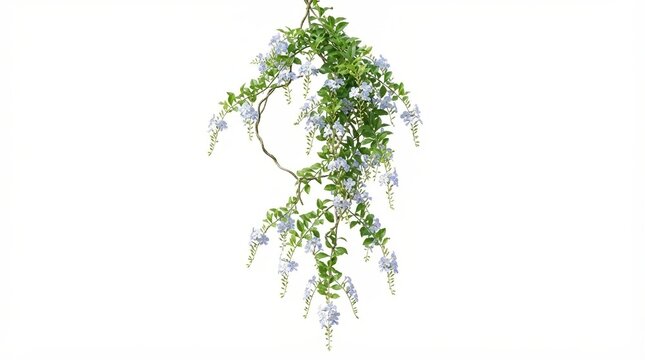 Hanging wisteria vine with purple flowers, cascading floral branch on white background, elegant climbing plant for wedding decor