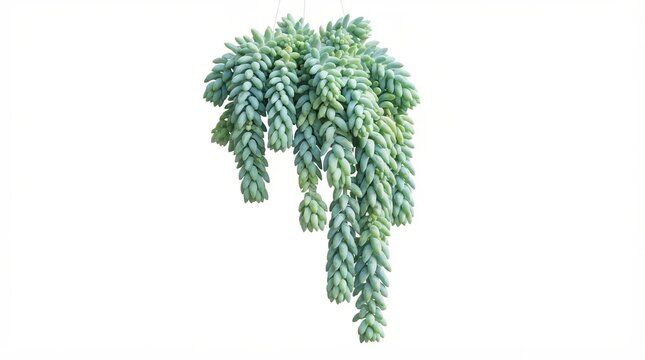 Burro's tail succulent plant isolated on white. Sedum morganianum donkey tail foliage. Green hanging succulent for home decor.
