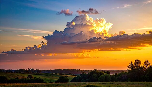 Dramatic sunset clouds illuminate the sky over a rolling landscape.