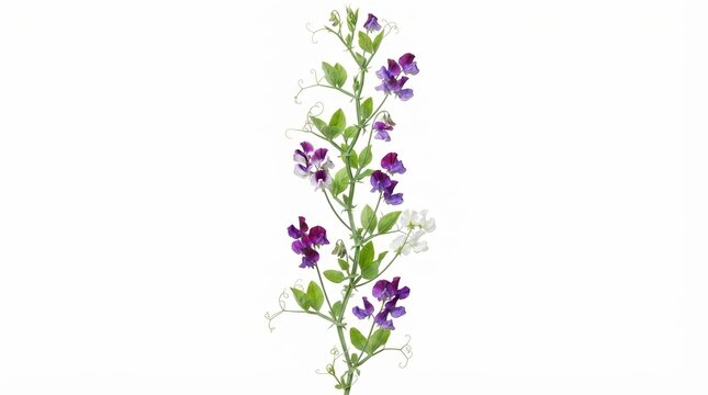 Purple sweet pea flowers on vine, blooming garden Lathyrus odoratus plant, floral botanical branch isolated on white background