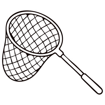 Fishing Landing Net Line Art - Hand Mesh Scoop Icon for Seafood Fishery Websites and Fishing Gear Catalogs