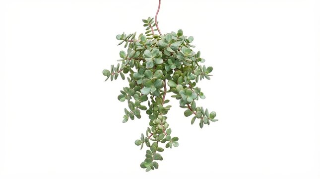 Trailing succulent plant on white background, hanging green sedum leaves, decorative indoor houseplant for home decor and design