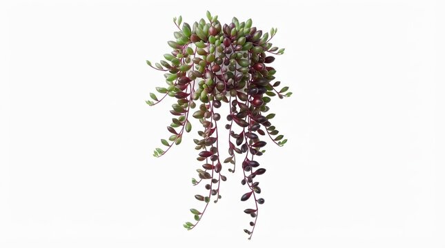 Trailing succulent plant with green and purple leaves, hanging sedum houseplant on white background, decorative indoor greenery