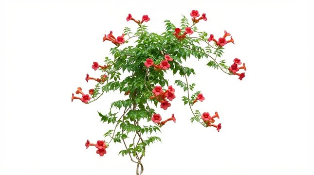 Trumpet vine with red flowers on white background. Climbing campsis radicans plant with green leaves. Blooming floral creeper for garden design.