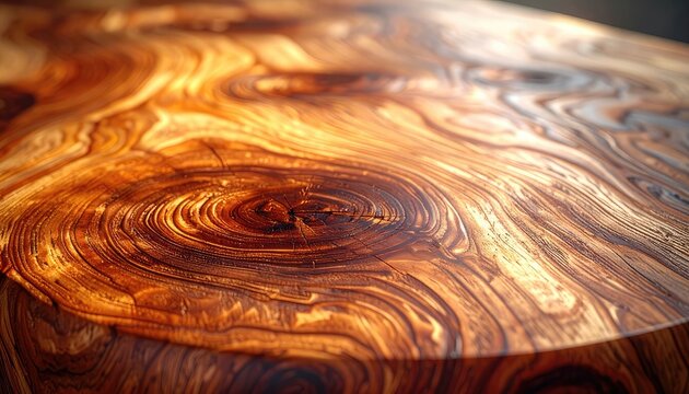 Close-up of polished wood grain with swirling patterns and rich, warm tones.