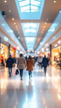 Blurred motion of shoppers walking down a bright, modern shopping mall hallway.
