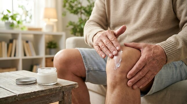 Senior man applying soothing moisturizing cream on aching painful knee joint for relief of arthritis inflammation discomfort home health wellness treatment care.