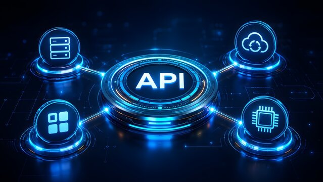 API integration concept showing digital connections between cloud services, data servers, applications, and processing units in a futuristic technology ecosystem.