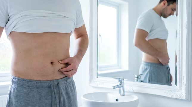 Man examining his belly pinching excess fat in front of mirror, concerned about weight and body shape, planning weight loss and fitness journey for better health.