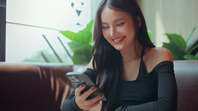 Happy young Asian woman using smartphone while sitting in cafe, smiling at mobile screen during relaxing coffee shop lifestyle