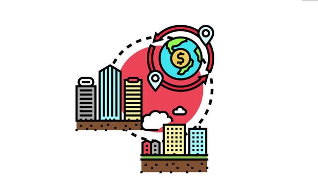 Global economy icon with a dollar sign on a spinning earth connecting major city trade zones and urban business districts, symbolizing international commerce and financial networks