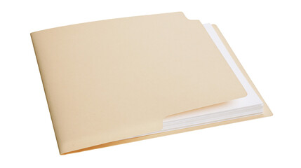 Fototapeta premium Manila folder with stacked white papers inside, isolated on transparent background