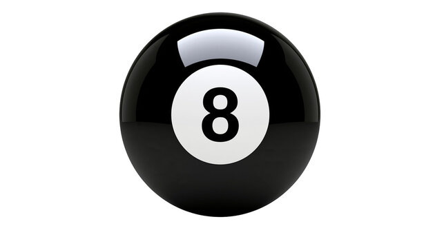 Glossy black eight ball with white number 8, isolated on transparent background