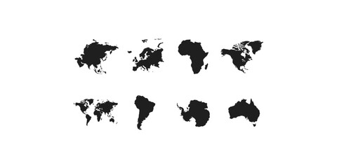 World map and world continents silhouette vector icon set including asia europe africa america antarctica australia © mstlipibegum