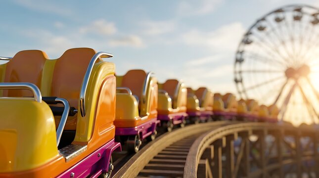 Yellow and purple roller coaster train cars rest on wooden track with giant ferris wheel and bright sun flare in background at amusement park during daytime.