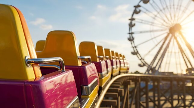 Empty colorful roller coaster seats on curved track lead towards large blurred ferris wheel under bright sun for summer vacation and leisure park concepts.