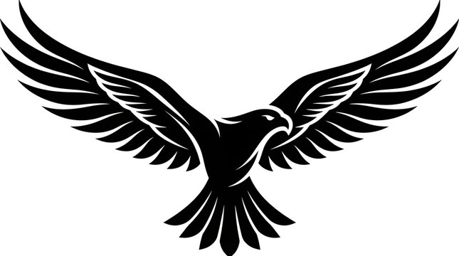 Stylized flying eagle logo or icon illustration, black and white vector silhouette of a majestic hawk soaring with wings spread