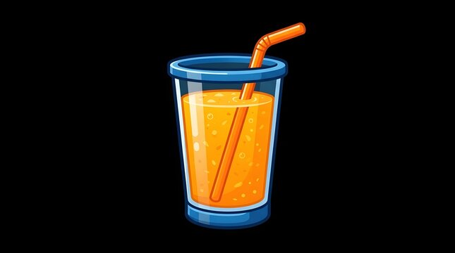 Refreshing orange fruit smoothie in a transparent glass cup with a straw isolated on black background