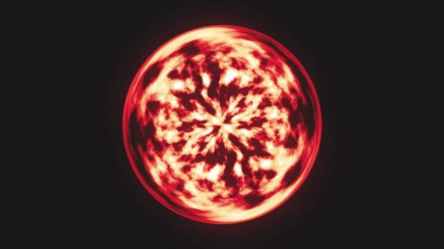 Abstract glowing red sphere with fiery energy patterns and bright light explosion effect.