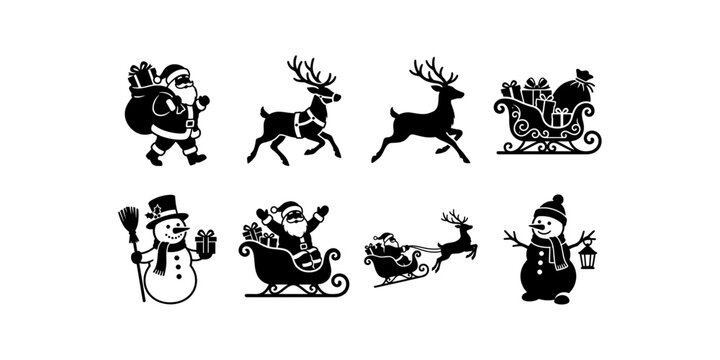 Christmas character icon set featuring Santa Claus reindeer sleigh filled with gifts and snowmen vector silhouettes