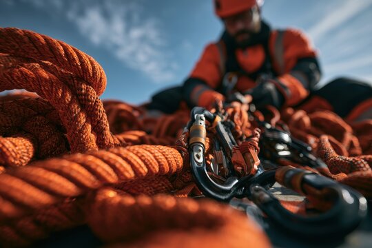 Industrial climber securing safety equipment with ropes and carabiners before working at height