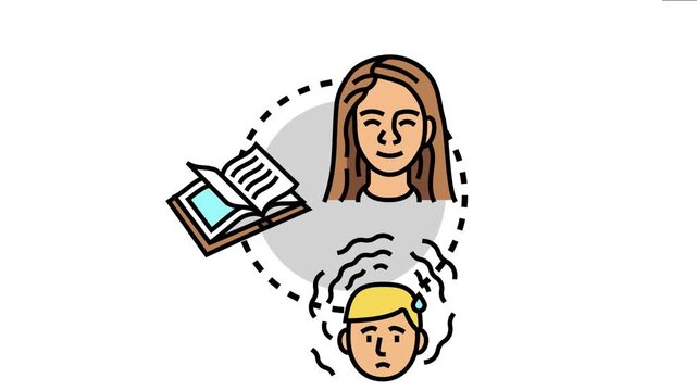 Acute attentiveness process featuring a focused person, an open book, and another person experiencing anxiety or stress, highlighting mental concentration and learning difficulties