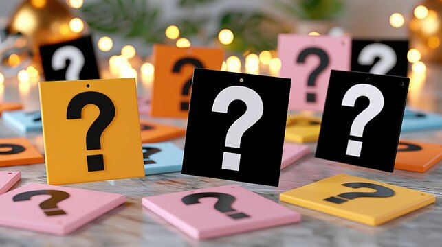 Colorful squares with question marks suggest mystery and unknown possibilities.