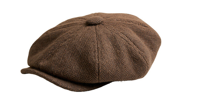 Brown herringbone tweed flat cap with button top, isolated on transparent background