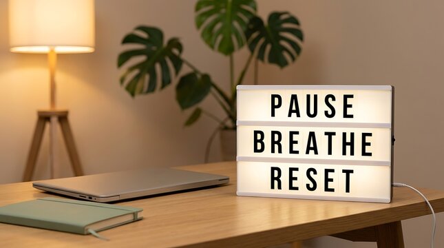 Modern light box sign with motivational words pause breathe reset sits on wooden desk with laptop and notebook in cozy home office environment.