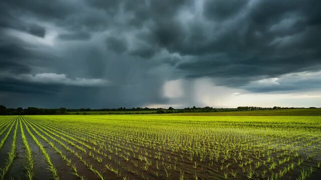 Dark storm clouds with heavy rain shafts gather over a vibrant green field.