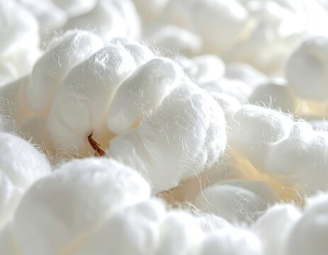 Close-up macro photograph of fluffy white cotton bolls.