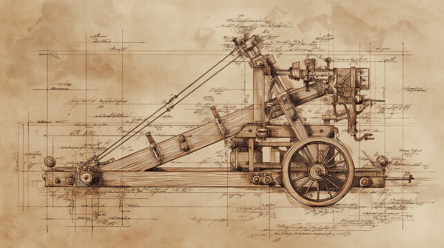 A technical, blueprint style illustration of a Roman catapult, aged parchment background