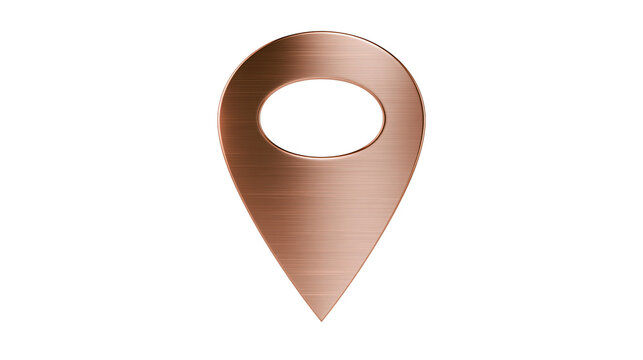 Brushed copper location pin marker with oval cutout, isolated on transparent background