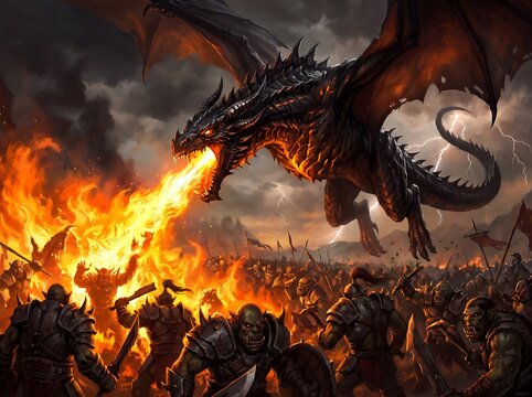 Epic fantasy battle: A fearsome dragon unleashes fiery breath upon an army of orcs during a stormy night.