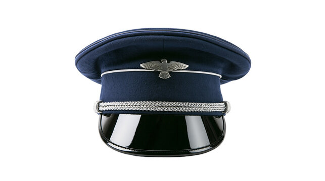 Dark blue pilot cap with silver eagle emblem and braided band, isolated on transparent background