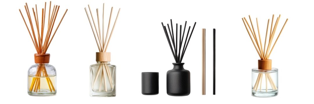 Aroma reed diffusers glass bottles set isolated on transparent background