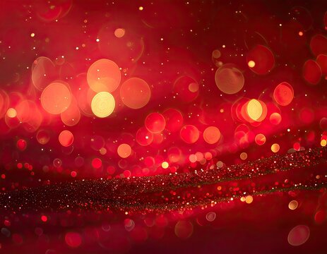 Abstract red bokeh lights and glitter create a festive and magical background.