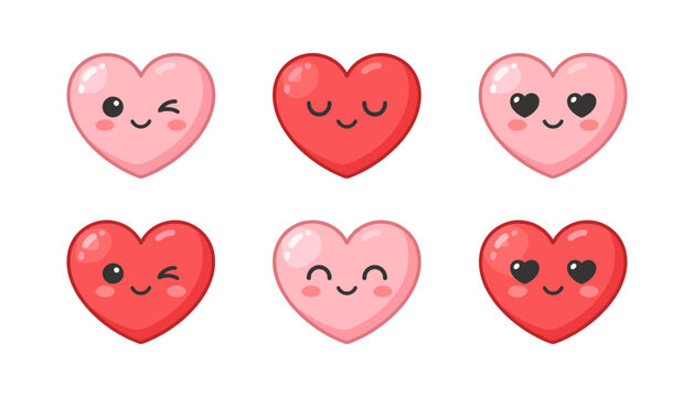 Sweet Valentine Kawaii Heart Emoji Vector Set with Lovely Facial Expressions, Winking, and Smiling Cartoon Characters for Romantic Pattern Designs