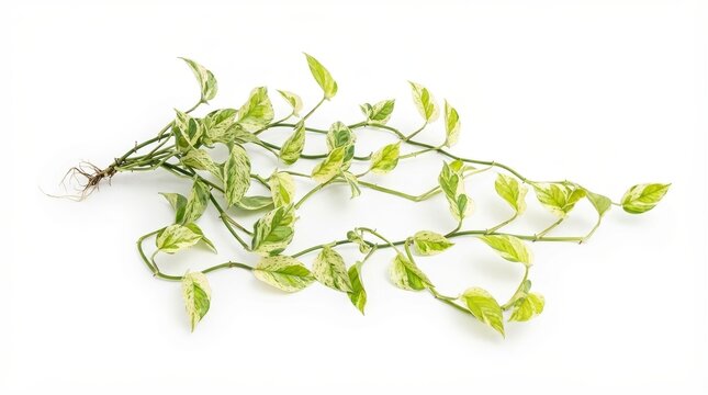 Variegated pothos vine with green and yellow leaves, epipremnum aureum plant cuttings, tropical ivy foliage on white background