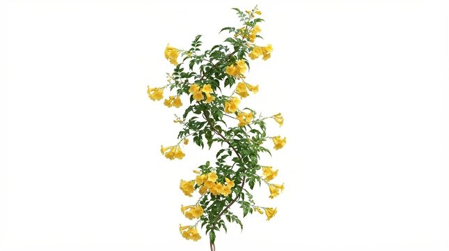 Yellow trumpet bush branch with vibrant flowers, blooming Tecoma stans plant on white background, tropical floral element for design