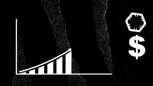 Bar graph showing upward financial trend alongside a dollar currency sign and geometric hexagon element over a textured dark backdrop design.