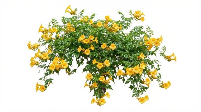 Yellow trumpet bush with vibrant flowers, blooming Tecoma stans shrub on white background, tropical garden plant for landscaping