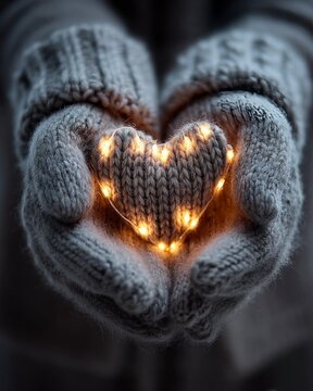 A person wearing gray knit mittens holds glowing heart-shaped string lights in cupped hands against dark background, symbolizing warmth.