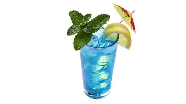 Blue cocktail with ice mint lemon slices and a paper umbrella, isolated on transparent background