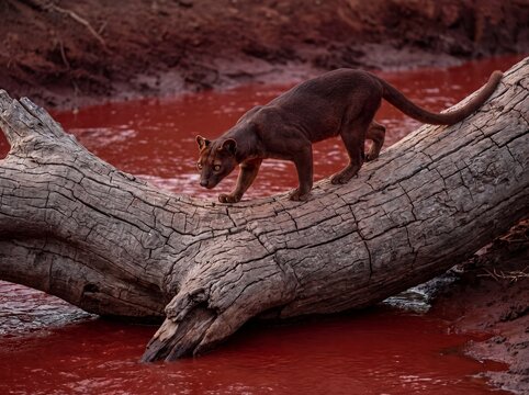 Fossa Cat Predator Prowling on a Sunken Log in Red Water