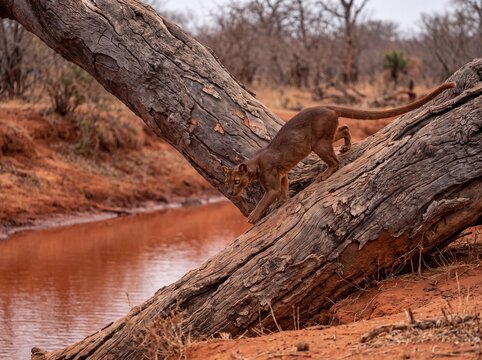 Fossa Mammal Prowling on a Fallen Baobab Log Near Red Water in African Savannah