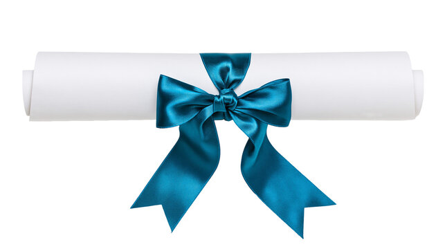 Rolled white paper scroll tied with a teal satin bow, isolated on transparent background